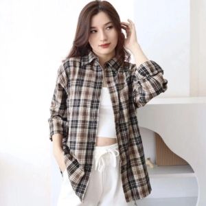 Kemeja premium wanita kotak kotak lengan panjang kemeja flanel