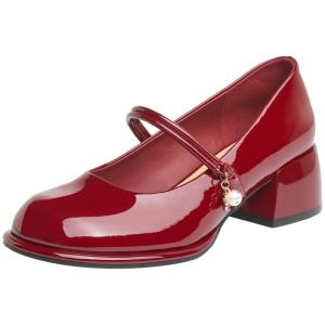 Josiny | Rough Heel Mary Jane Shoes for Women Red Shiny