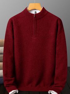 Pierre Cardin Mens Cashmere Sweater 100% Pure Mountain Cashmere Luxury Thickened Zipper Half High Collar Solid Color Red