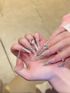 Sparkling Long Nail False Nails Handmade Wearable Nail Art Diamond Embedded French Style Bright Color Series Beauty Tools
