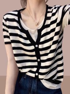 Summer 2025 Womens Striped Ice Silk Short Sleeve Knit T-Shirt Slim Fit Korean Style round Neck Casual Top Fashion Trend