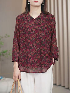 Retro Print Doll Collar Long Sleeve Loose Maternity T-Shirt Women Spring New Style Age Reduction Wide Lady Base Shirt