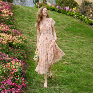 XIANGYING | V-Neck Floral Ruffled Hem Womens Dress