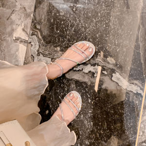 Flat Rhinestone Sandals Womens Elegant Open Toe Summer Flat Heel Fairy Style Roman Buckle Plus Size Womens Shoes 41-43