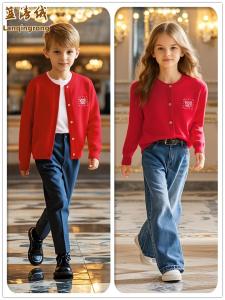 High-End Childrens Authentic Pure Cashmere Sweater Boys Girls Wool Open Cardigan Red Zodiac Year Knittedwear Princess Style