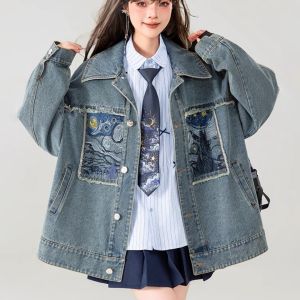Arrived! Fancy Embroider Denim Outwear Female 2024 Autumn New Art-Style Loose Slimming Jacket Tops