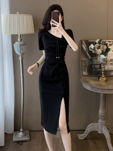 สไตล์จีนใหม่ พลีท พรางหุ่น ฤดูร้อน เดรส ไม่สมมาตร ปกเสื้อ ดีไซน์ ผ่าชาย ยาว กระโปรง เข็มขัดคาดเอว แขนปกติ แขนสั้น