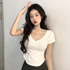 New Summer Women V-neck Short-sleeve Casual T-shirt Slim-fit Top Girl Short Basic Shirt Woman Student Casual T-shirt Wearing Out