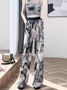 FIGHT FISH | กางเกงขายาวผ้าไหมน้ำแข็งเอวสูงสไตล์ฤดูร้อนสำหรับผู้หญิง กางเกงขายาวทรงหลวมสบาย ๆ สไตล์ชาติพันธุ์ แฟชั่นฤดูร้อน 2025