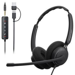 RownFusny USB Headset for PC Computer Headset Noise Canceling Mic for Laptop Call Center Wired Headset for Work Zoom Skype Teams
