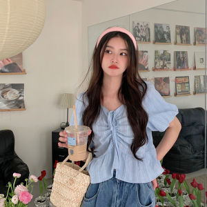 Áo Sơ Mi Cổ Chữ V Tay Bồng Màu Xanh Cỡ Lớn Có Dây Rút Ôm Sát Cơ Thể Mùa Hè Ngắn Tay Áo Sơ Mi Nữ Phong Cách Pháp Che Bụng