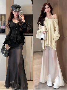 กระโปรงจีบเอวสูง กระโปรงทรงเอผ้าตาข่าย กระโปรงทรงหางปลา กระโปรงสั้นผ้าโพลีเอสเตอร์ สไตล์หรูหรา ฤดูใบไม้ผลิและฤดูร้อน 2024