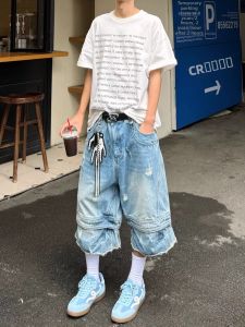 American Street Style Mens Loose Wide Leg Jeans Shorts Casual Patchwork Design Low Waist Mid-Calf Straight Tube Pants
