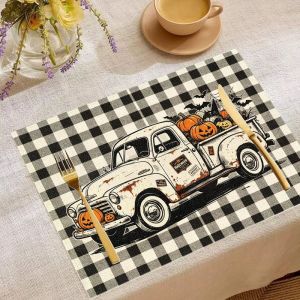VIKAMA 2/4/6pcs Halloween Meal Mat Dancing Skeleton Crow Rose Pumpkin Retro Truck Table Mat Spooky Desktop Party Decoration