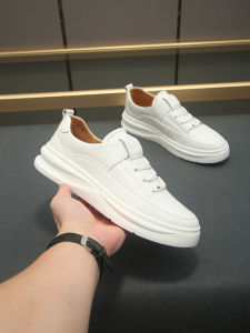 Pure Cowhide Mens Casual Shoes Thick Bottom Elastic Band Leather Sneakers Youth Trend Flat Heel Rubber Outsole Wear Resistant