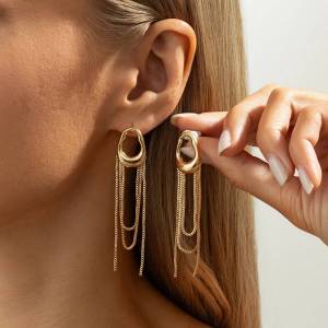 KunJoe Vintage Gold Color Tassel Chain Drop Earrings Women Elegant Irregular Geometric Pendant Earring Party Jewelry Accessories