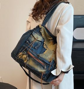 Denim Y2k Womens Shoulder Bag Vintage Washed Distressed Fashion female Messenger Bag Large Capacity ladies Handbag Sac totes