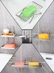 Stainless Steel Soap Holder Wall Mounted Bathroom Storage Rack with Hooks Soap Dispenser No Drilling Required Soap Bracket