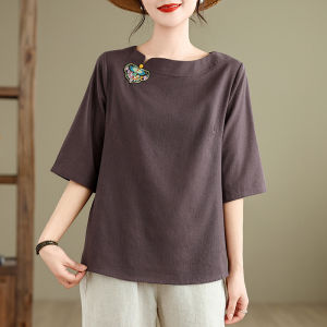 New 2024 Summer Cotton Linen Top Chinese Style Loose Tea Ceremony Clothing Womens Artistic Slimming Traditional Costume