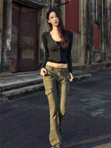 กางเกงยีนส์ทรงสลิมฟิตเอวต่ำสำหรับผู้หญิง กางเกงขายาวทรงหลวมหลายกระเป๋า กางเกงยีนส์ทรงลำลองสำหรับฤดูใบไม้ผลิและฤดูใบไม้ร่วง