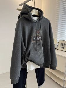 Retro American Fleece Hoodie Women Loose Lazy Thickened Hat Sweatshirt Winter New Fashion Long Sleeve Cartoon Print Pullover