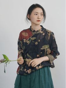 Retro Chinese Style Loose Fit Linen Shirt Floral Print Transparent Thin Spring Summer New Arrival Womens Premium Fashion Top