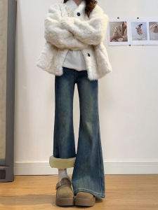 QIANCHANGNAAI | Vintage Retro Flared Denim Pants For Big Sizes Slimming Elastic Thick Warm
