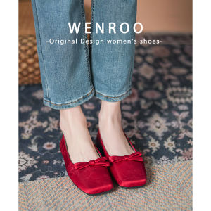 New Chinese Style Embroidered Red Wedding Shoes Flat Bottom Grandmother Shoes Square Head Single Shoes for Women Fashionable Butterfly Knot