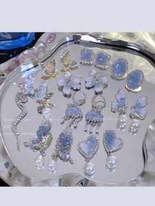 ต่างหูไข่มุกผีเสื้อเพชรหักสีฟ้าสำหรับผู้หญิง2024ใหม่หรูหราแสงหรูหรา S925ต่างหูเม็ดกลมต่างหูรูปหยดน้ำฤดูร้อน