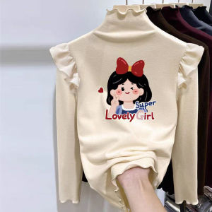 Thickened German Velvet Base Shirt for Girls Cartoon Half High Collar Fly Sleeve Inner Wear T-Shirt Autumn Winter Childrens Clothes