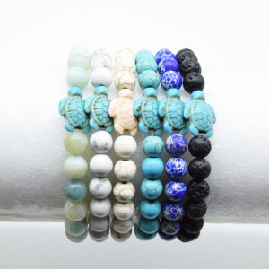 2Pcs New Year Man Bracelet Turtle Beach Sea Green Stone White Turquoise Faux Bracelets Bangle Jewelry For Women Men Festal Gift