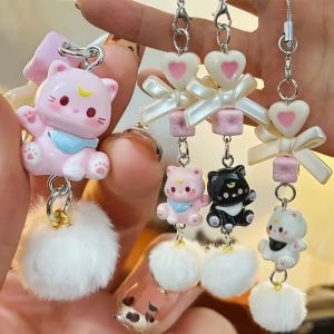 พวงกุญแจรูปการ์ตูนแมวสุดน่ารักมีโบว์พวงกุญแจรูปแมวสายชาร์จมือถือกระเป๋าลูกปัดหัวใจตกแต่งแบบแขวนสำหรับเครื่องประดับในรถยนต์