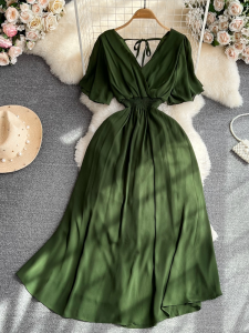 ชุดเดรสยาวทรงเอคอวีแขนสั้นเข้ารูปเอวสูงสไตล์วินเทจสำหรับวัยรุ่น ชุดเดรสยาวคลุมเข่าสไตล์เกาหลี