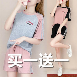 ชุดเสื้อผ้าลำลองกางเกงขาสั้นแขนสั้นฤดูร้อนสำหรับผู้หญิงชุดวิ่งสองชิ้นแนวกีฬาสุดฮิตทรงหลวมแนวเกาหลีแฟชั่นสำหรับนักเรียน