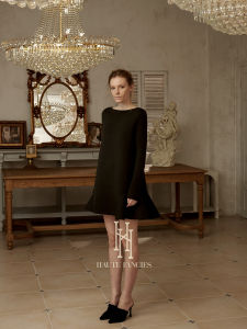 Elegant French Style Black Long Sleeve round Neck Dress Haute Fancies Autumn Winter Fashion Classy Womens Cotton Gown
