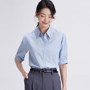 เสื้อเชิ้ตแขนสั้นสีฟ้า Umano สำหรับผู้หญิง ทำงานลำลอง เสื้อเชิ้ตคอโปโลแขนสั้นทรงปกติ ผ้าฝ้ายผสมไนลอนและยืดหยุ่น