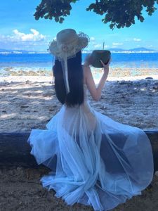 CHANGTONG | Beach Holiday Style Slimming Mesh Strap Maxi Dress