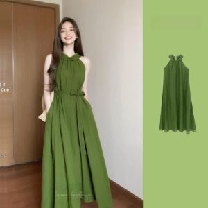 Green Vintage Sleeveless Neckline Dress Womens Summer New Loose A-Line Long Dress Vacation Style Casual Comfortable Gown
