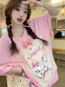 Áo Thun Cotton Rộng Rãi Mùa Hè Cho Nữ Thiết Kế Hình Mèo Hoạt Hình Tay Ngắn Cổ Tròn Tay Ngắn Thắt Nút Bướm