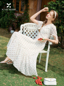 XIANGYING | Summer V-Neck Printed A-Line Tea Party Dress Bubble Sleeves