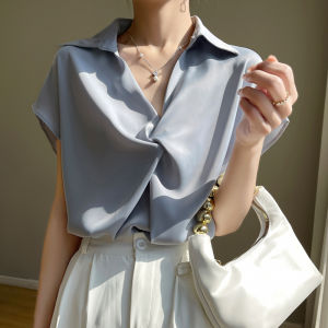 French Style V-Neck Short Sleeve Acetate Satin Polo Shirt Versatile Commute Professional Womens Loose Fit Regular Length