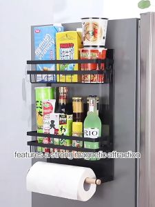 Refrigerator Rack Magnetic Spice Rack Moveable Spice Organizer Strong Wall Mounted Kitchen Organization with Hook Fridge Organizer Utensil Holder Hanging Storage Rack Saving Space