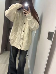 ฤดูใบไม้ร่วง ฤดูหนาว หมวกถัก คาร์ดิเกน หลวม เรียบง่าย แฟชั่น หวาน แจ๊กเก็ต เสื้อสเวตเตอร์ เสื้อโค้ท Lazy Style Twist Yarn เปิดด้านหน้า เสื้อโค้ท