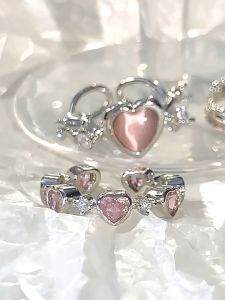 Bestella✨Cincin Wanita Berbentuk Hati Merah Muda/Cincin Zirkon Mata Kucing/Cincin Terbuka Dengan Desain Manis