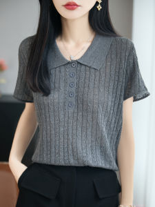 YUEXINYIRONG | Lace Hollow Knit Polo Collar Short Sleeve T-Shirt Summer Thin Breathable