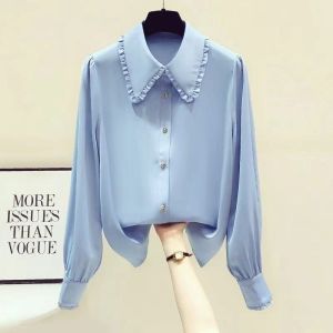 Áo Sơ Mi Chiffon Cổ Búp Bê Che Bụng Thời Trang Xuân 2024 Cho Nữ Áo Dài Tay Thường Xuyên Dáng Ôm Vừa Vặn Chất Liệu Polyester