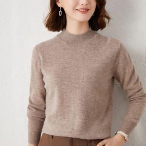 2025 Winter Half High Collar Elegant Knitted Tops Autumn Long Sleeve Solid Slim Women Sweater Casual Pullover Knitwear