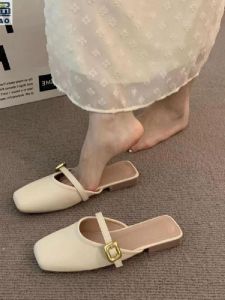 Retro Versatile Womens Slip-On Fairy Single Shoes Soft Bottom Flat Heel Casual Fashionable Peep-Toe Half Slippers