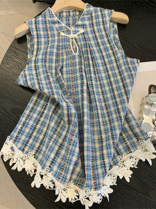 WANGGONGZHU | Retro Style Lace Trim Shirt Women Summer New Design Loose Fit Breathable Skin-friendly Casual Shirt With Plaid Splicing