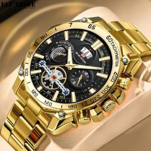 ELF TRIBE นาฬิกาปฏิทินสำหรับผู้ชายนาฬิกานาฬิกาเทอบีเลี่ยนควอตซ์เรืองแสงสายเหล็กนาฬิกาข้อมือกันน้ำ